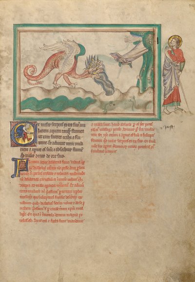 Der Drache schleudert Wasser nach der Frau, die mit der Sonne bekleidet ist von Unbekannt Unbekannt